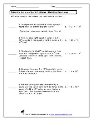 scientific notation word problems matching worksheet answer key